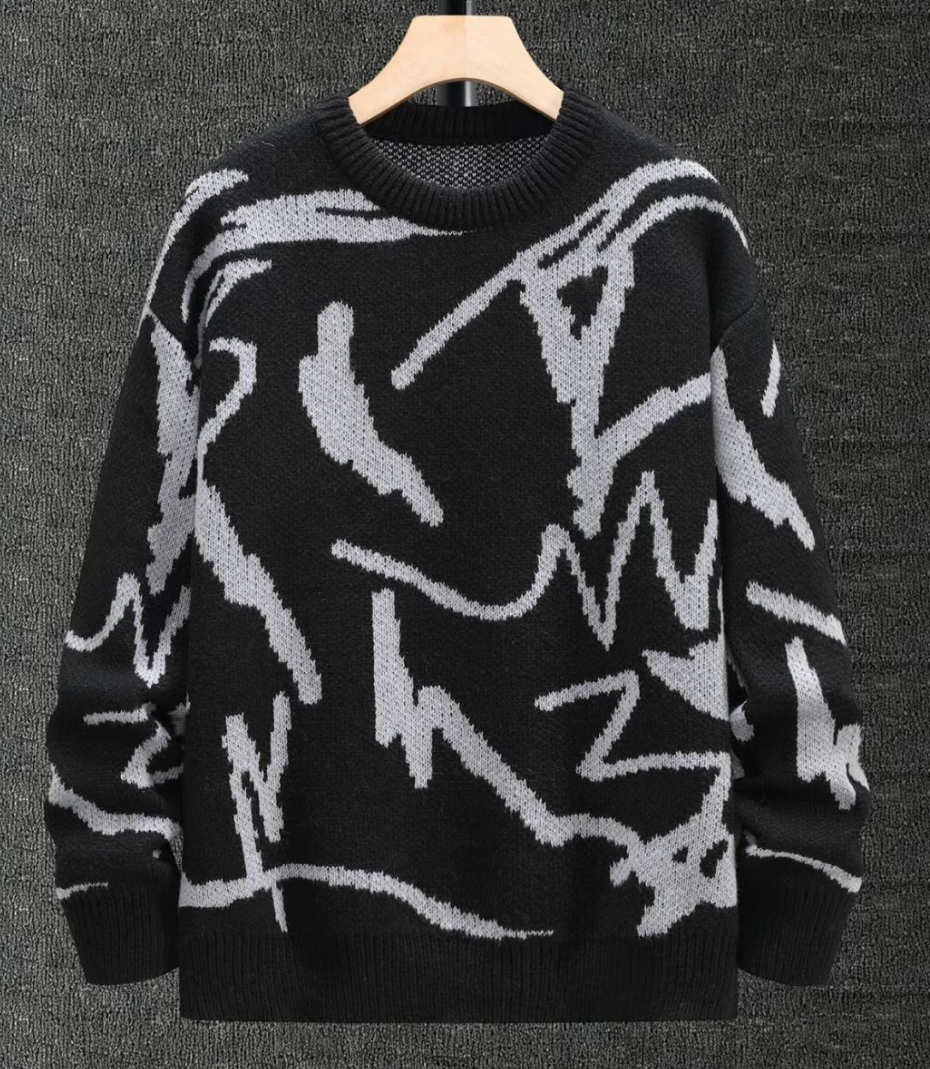 Geometric Street Knit – Drop Shoulder Rundhals-Pullover